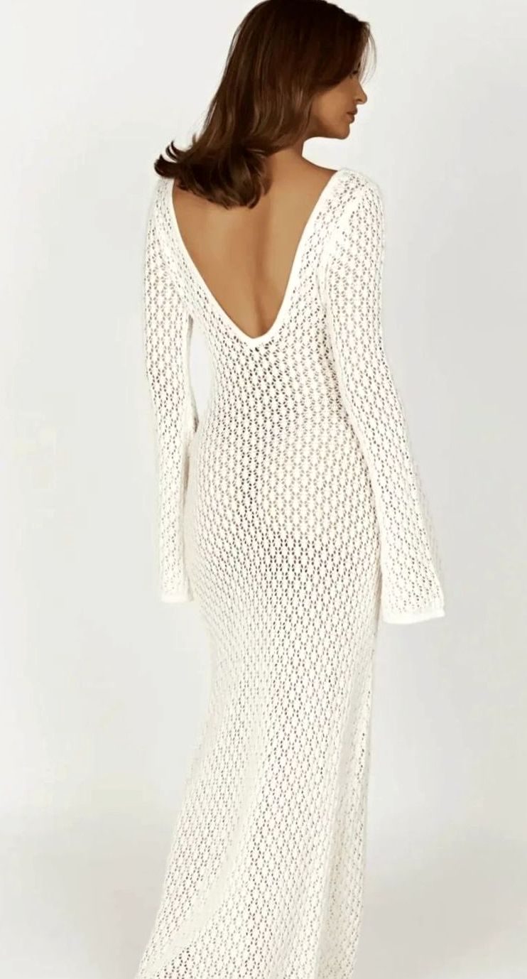 Women's Fitted Long Sleeve V-Neck Crochet Maxi Dress