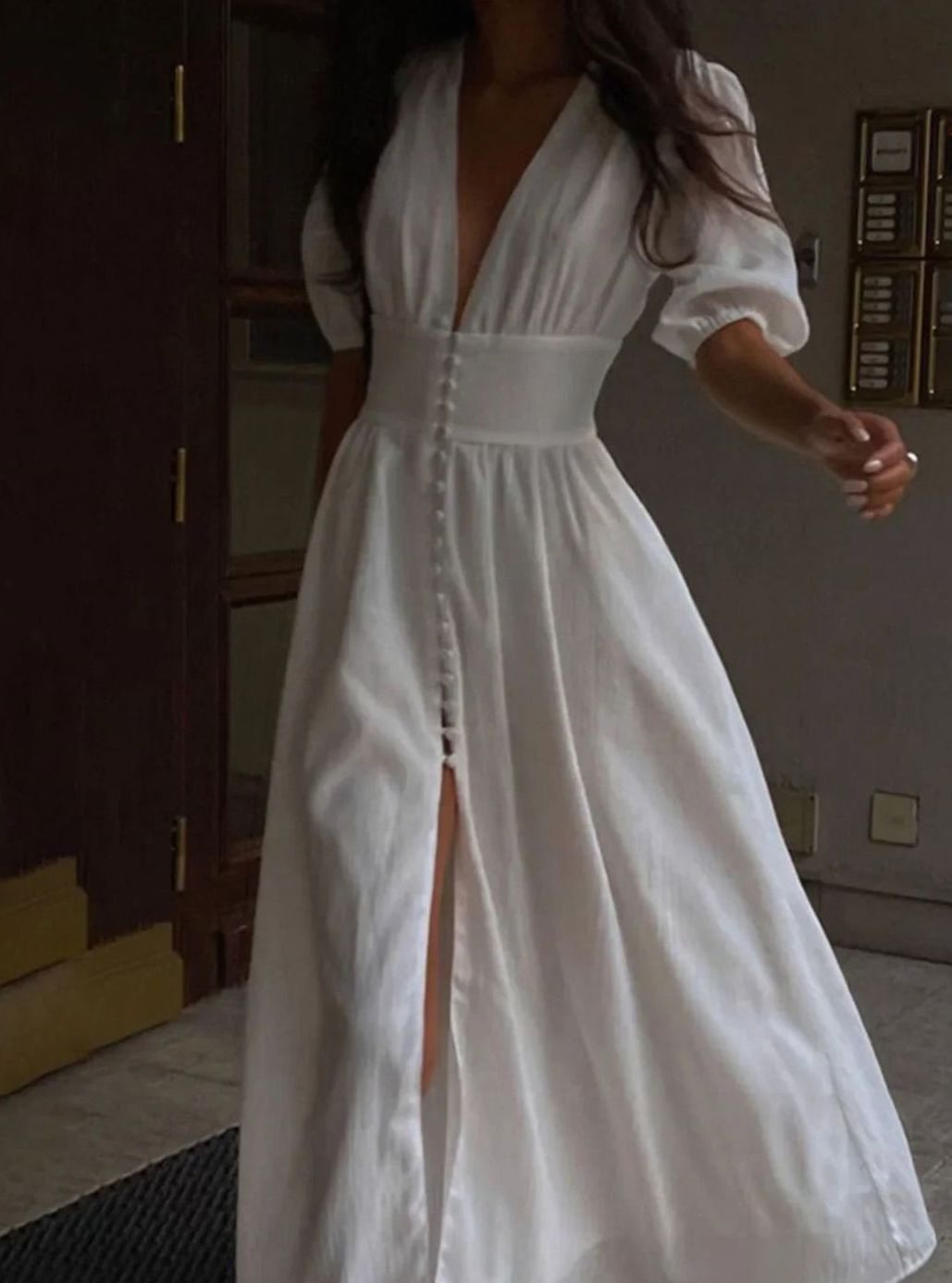 Women's Fitted Puff-Sleeve Button-Front Maxi Dress - White