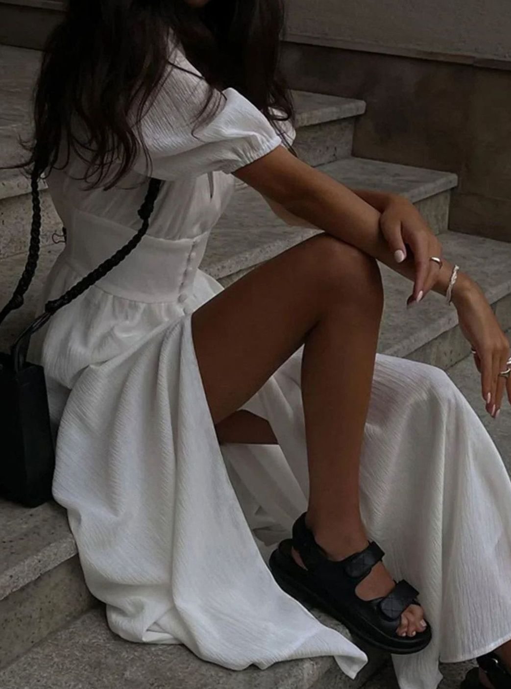 Women's Fitted Puff-Sleeve Button-Front Maxi Dress