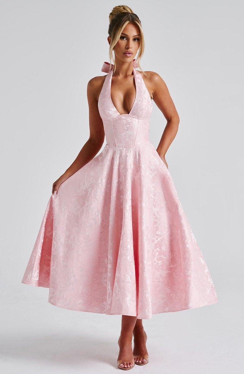 Women's Flared Halter Midi Wedding Guest Dress Jacquard - Pink