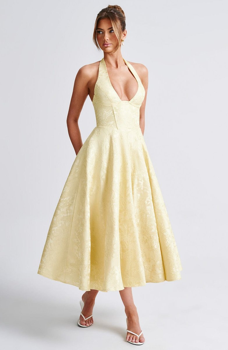Women's Flared Halter Midi Wedding Guest Dress Jacquard