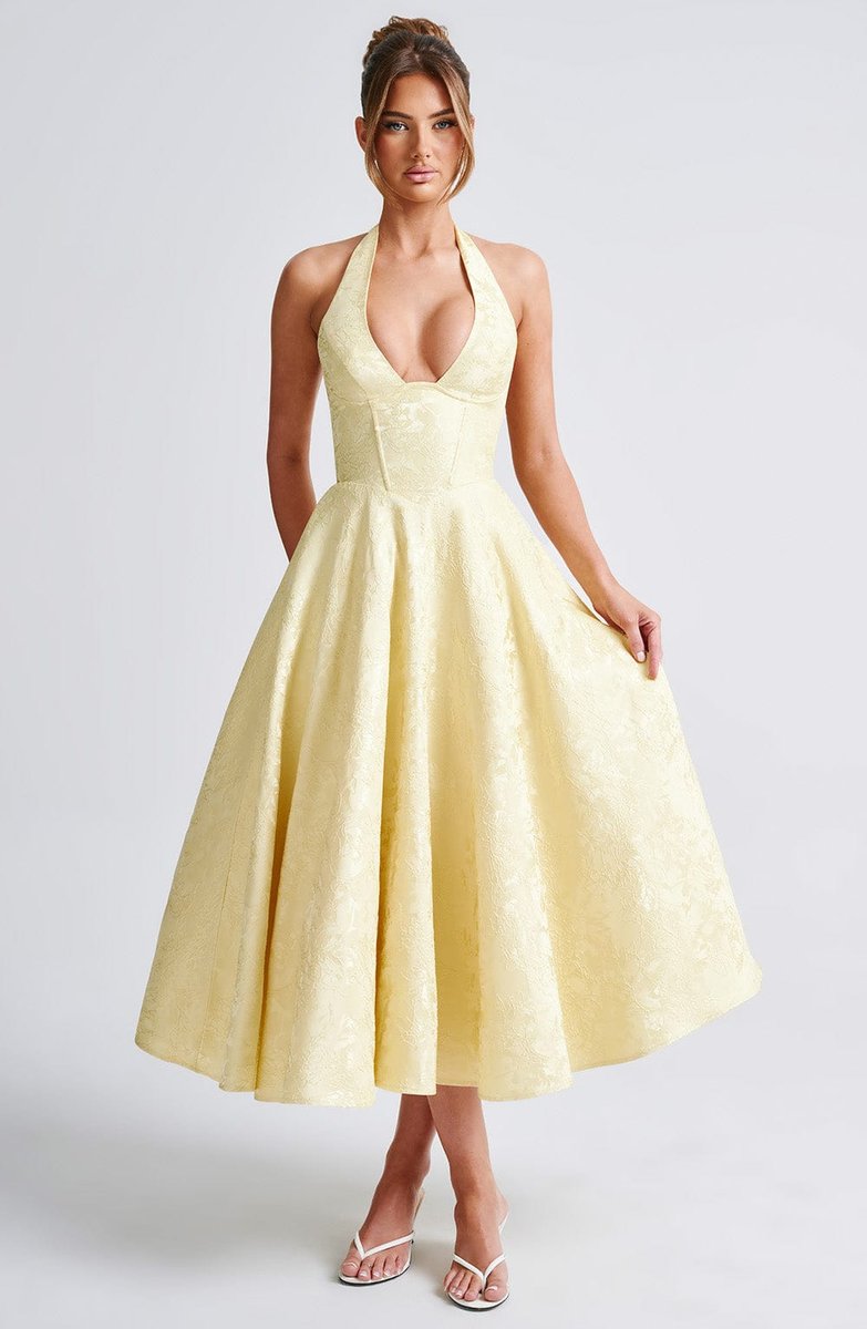 Women's Flared Halter Midi Wedding Guest Dress Jacquard - Yellow