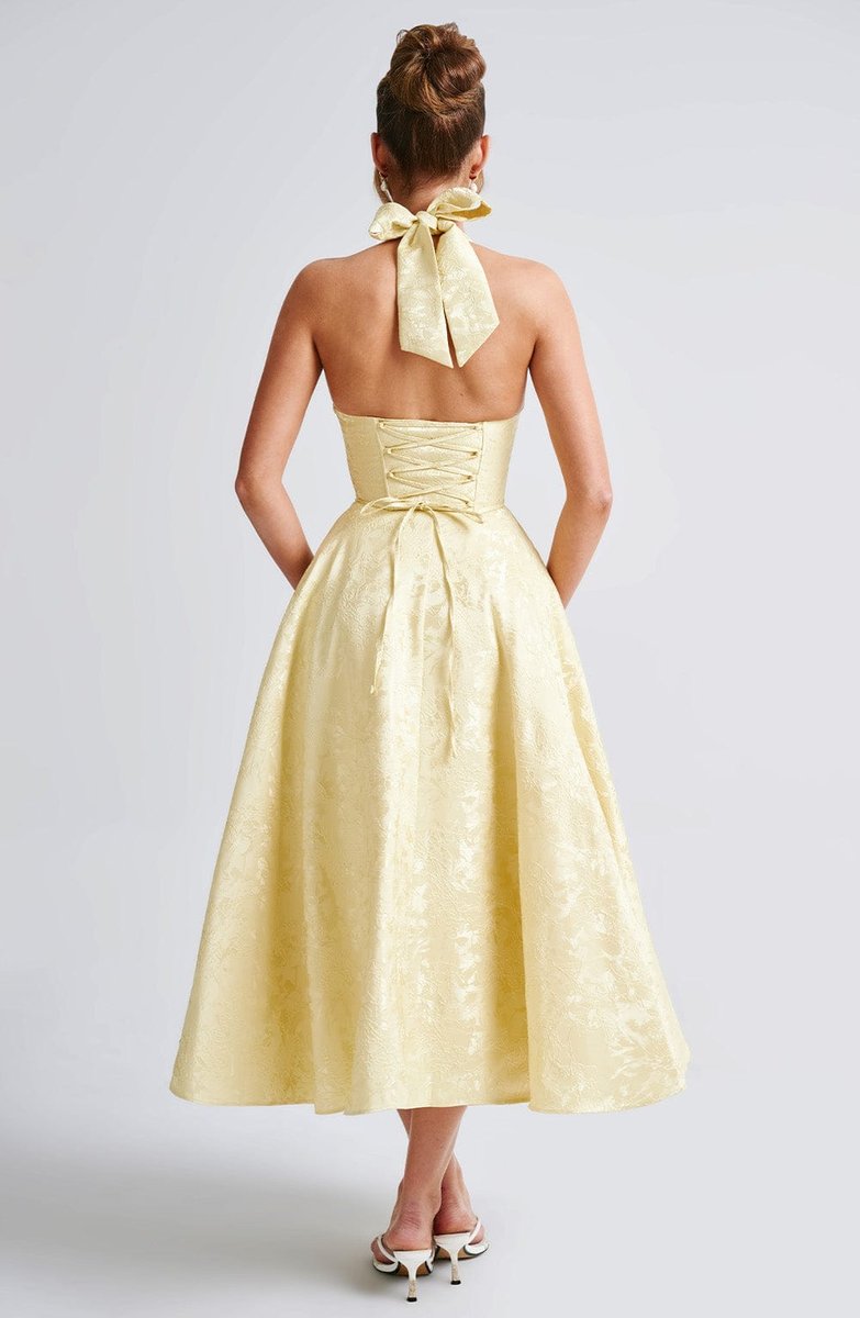 Women's Flared Halter Midi Wedding Guest Dress Jacquard
