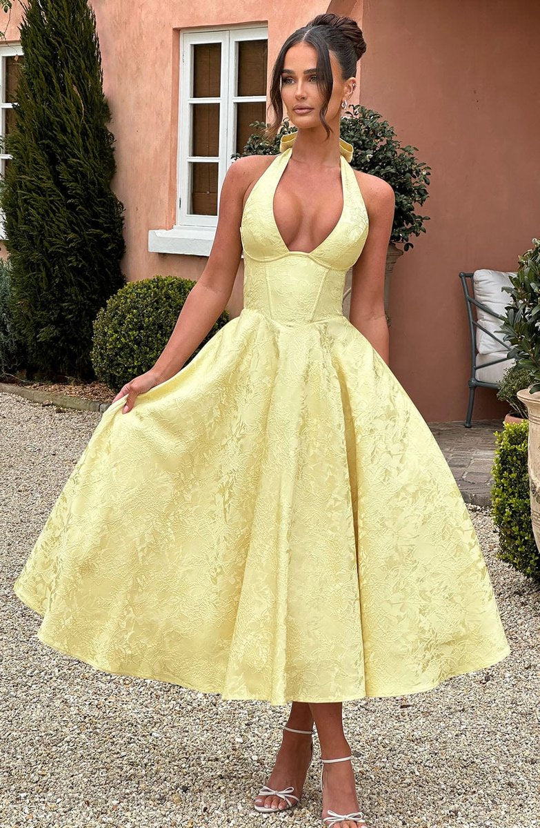 Women's Flared Halter Midi Wedding Guest Dress Jacquard