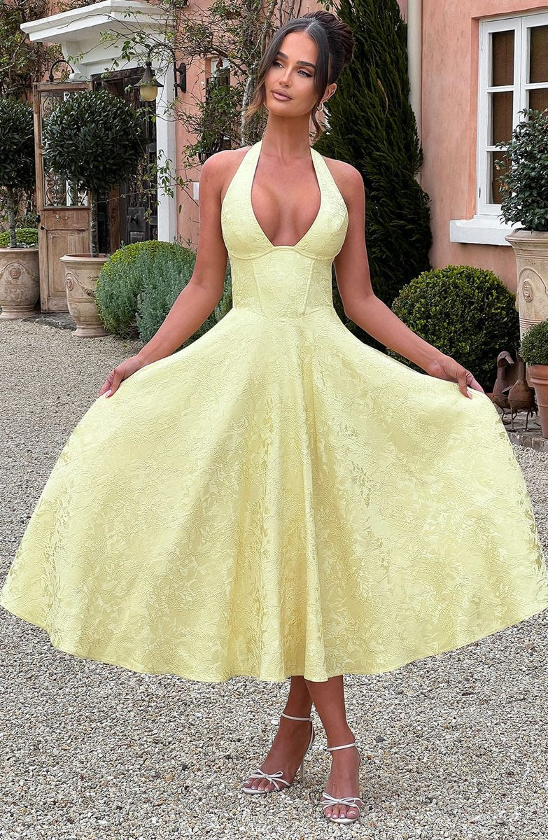 Women's Flared Halter Midi Wedding Guest Dress Jacquard