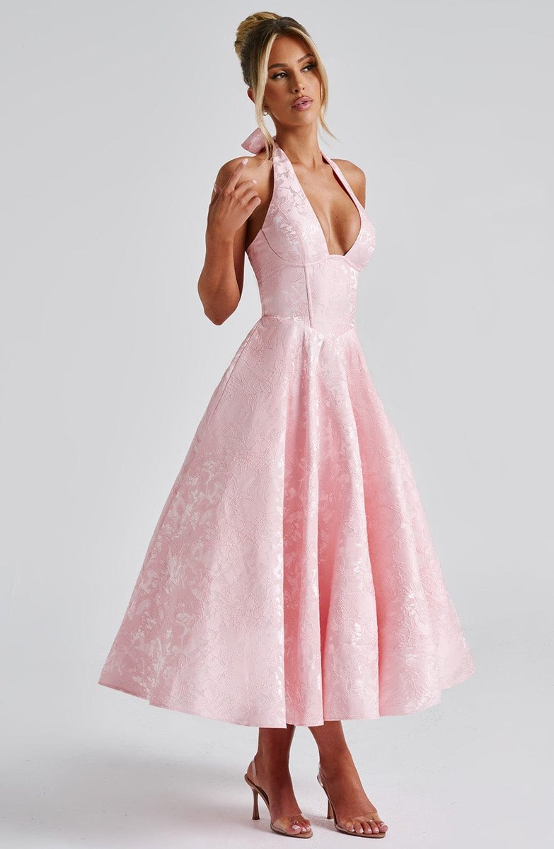 Women's Flared Halter Midi Wedding Guest Dress Jacquard