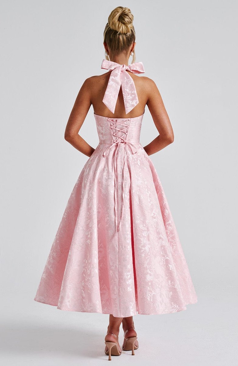 Women's Flared Halter Midi Wedding Guest Dress Jacquard