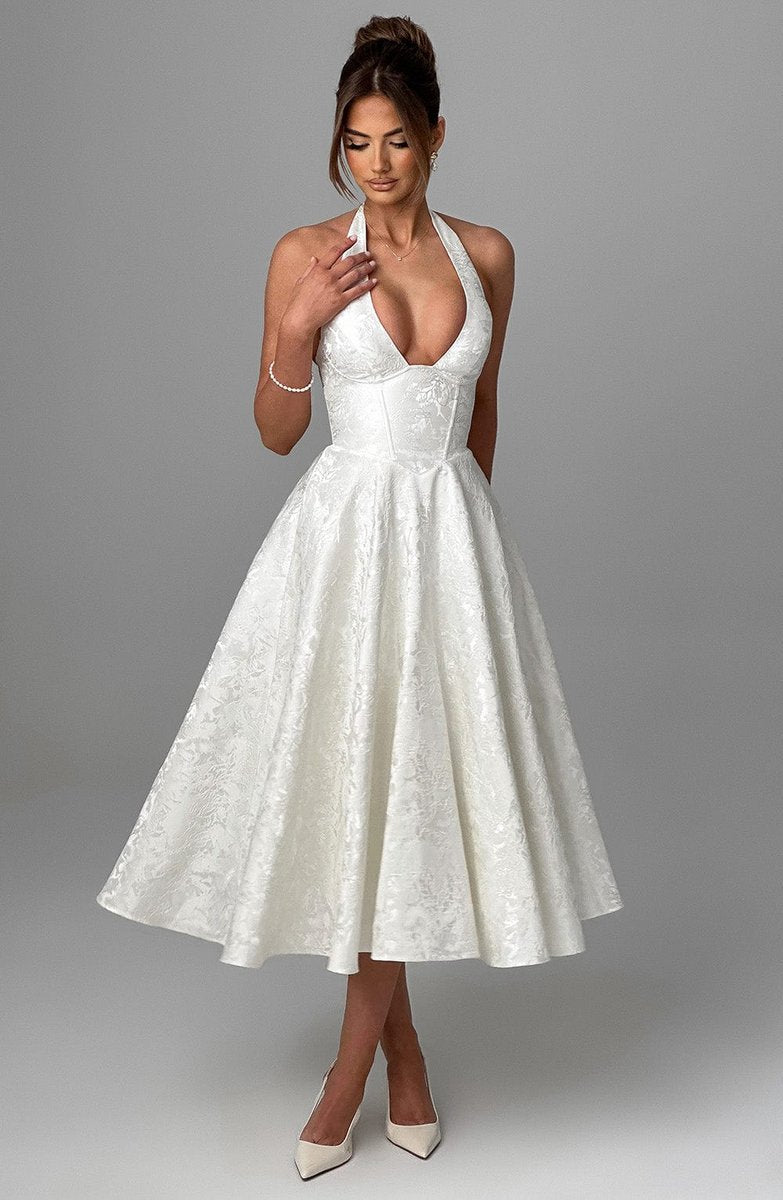 Women's Flared Halter Midi Wedding Guest Dress Jacquard - White