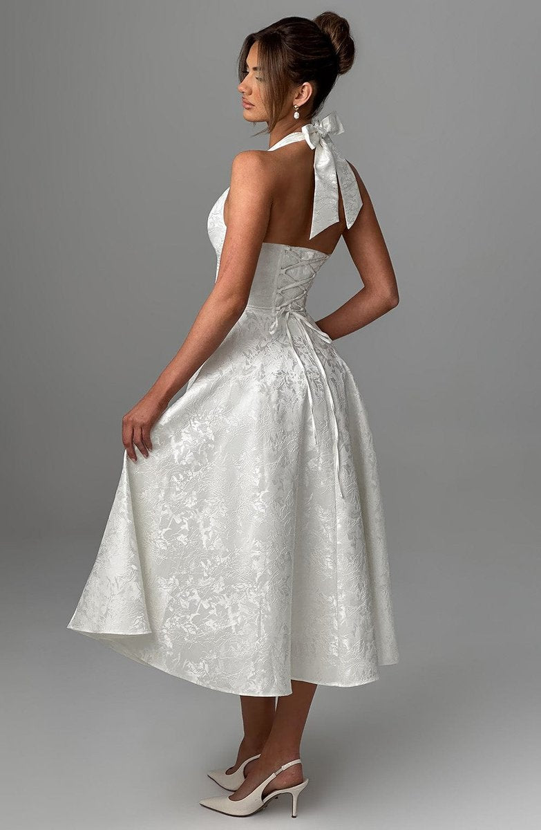 Women's Flared Halter Midi Wedding Guest Dress Jacquard