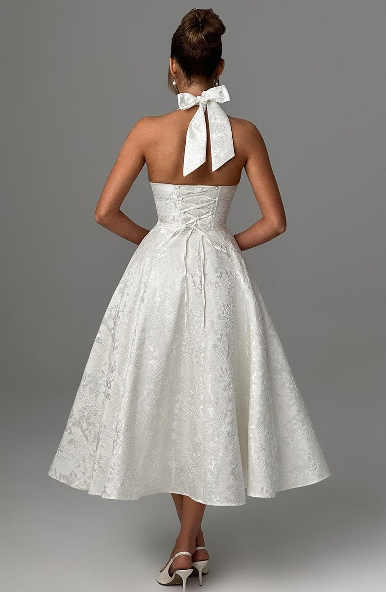 Women's Flared Halter Midi Wedding Guest Dress Jacquard