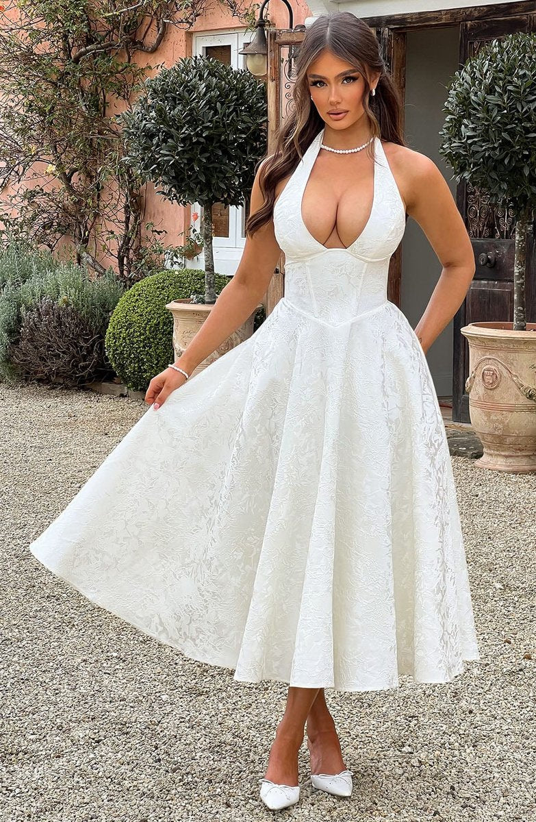 Women's Flared Halter Midi Wedding Guest Dress Jacquard