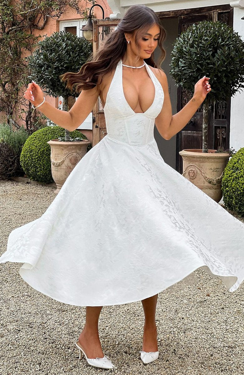 Women's Flared Halter Midi Wedding Guest Dress Jacquard
