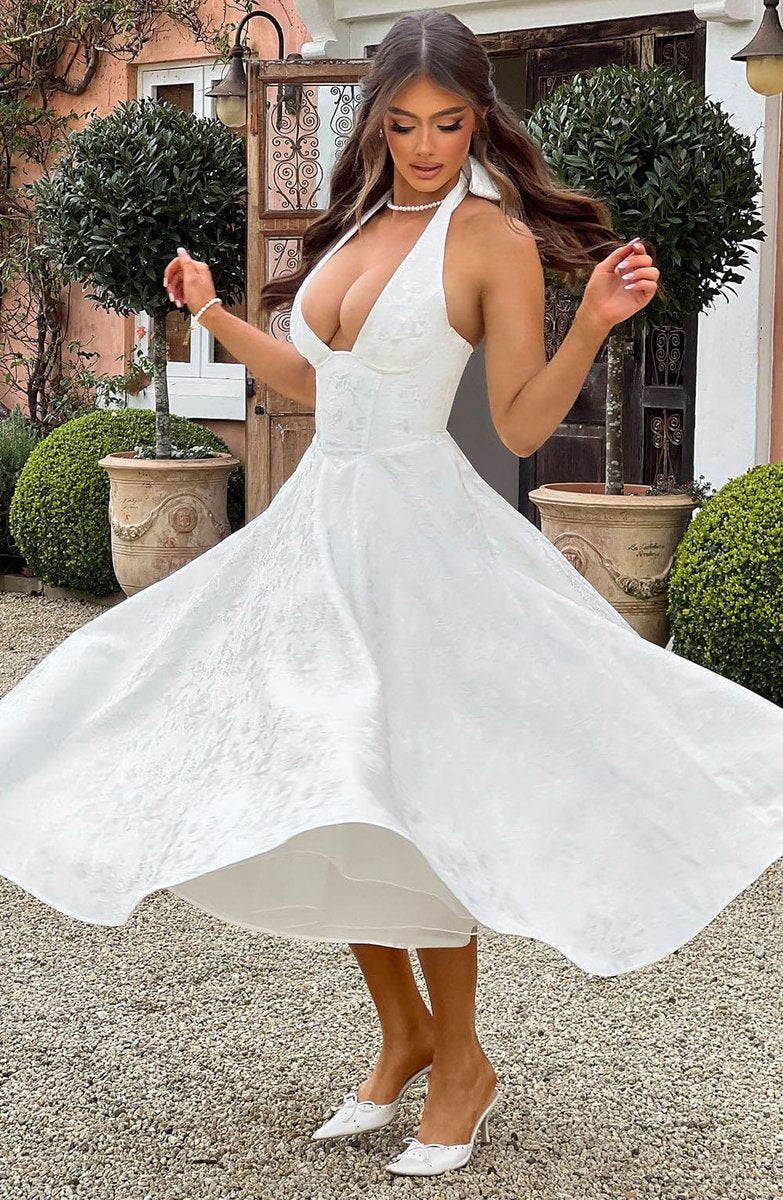 Women's Flared Halter Midi Wedding Guest Dress Jacquard
