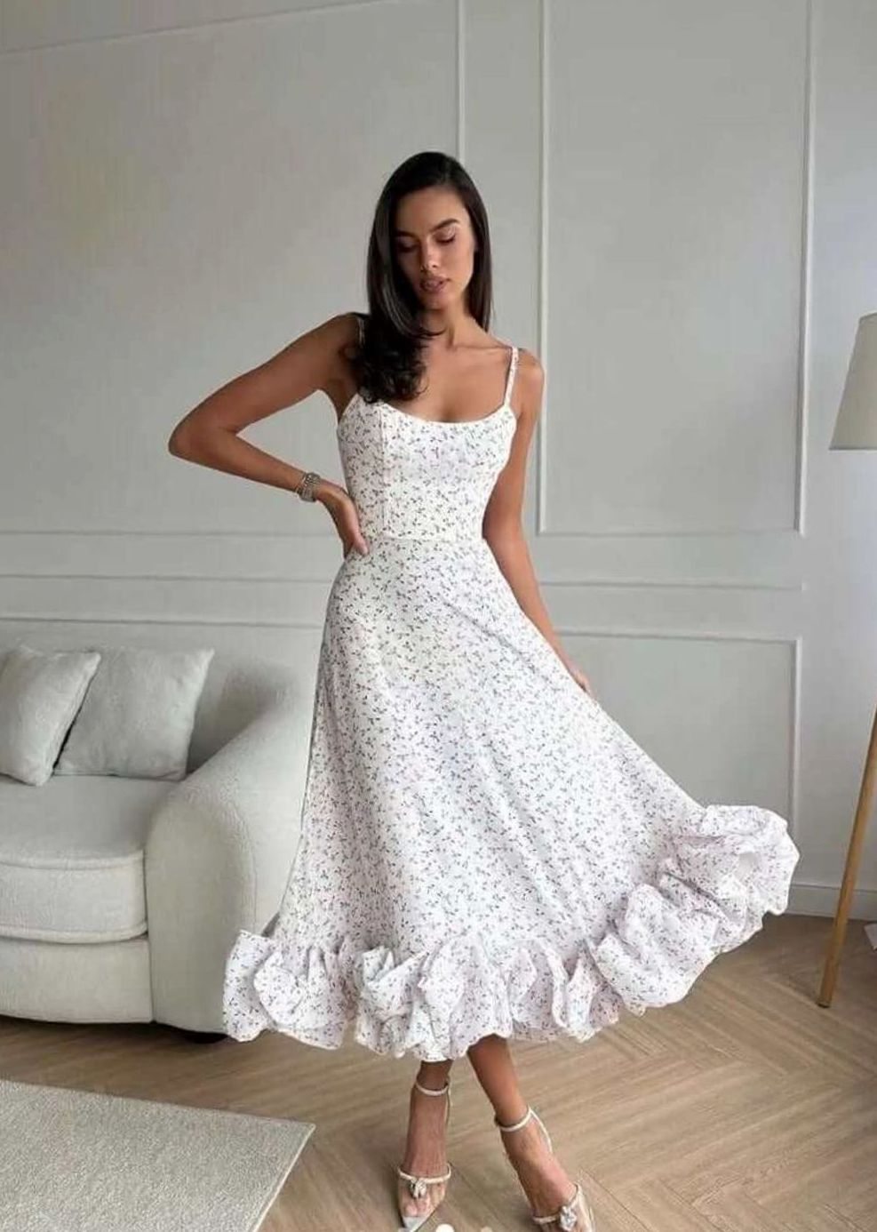 Women's Floral A-Line Midi Wedding Guest Dress Bustier Ruffle Hem