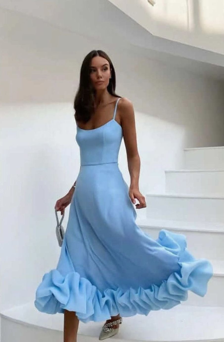 Women's Floral A-Line Midi Wedding Guest Dress Bustier Ruffle Hem - Blue