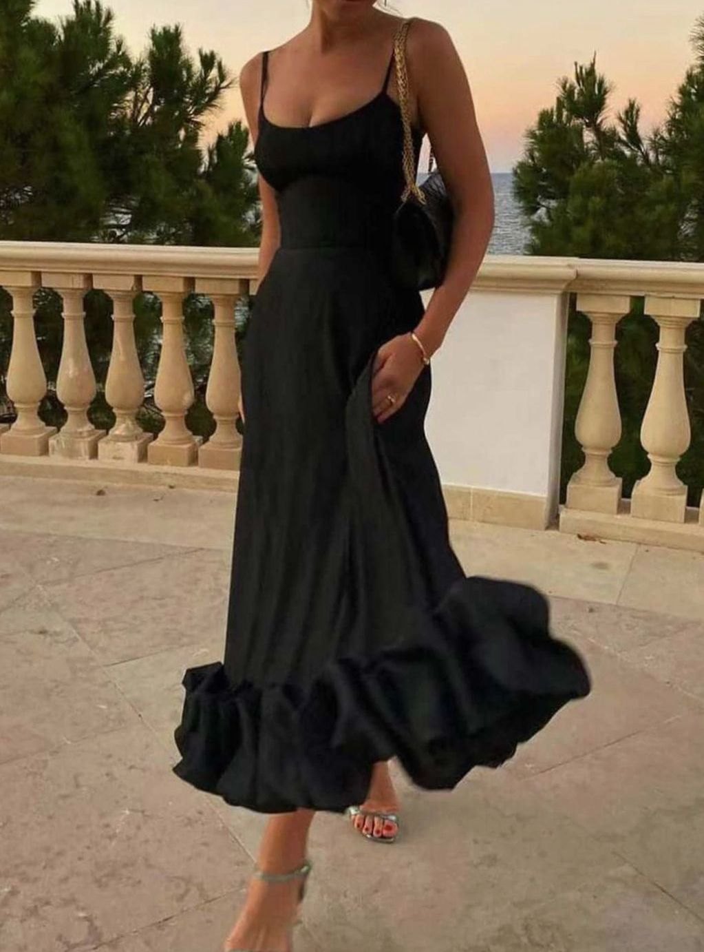 Women's Floral A-Line Midi Wedding Guest Dress Bustier Ruffle Hem - Black