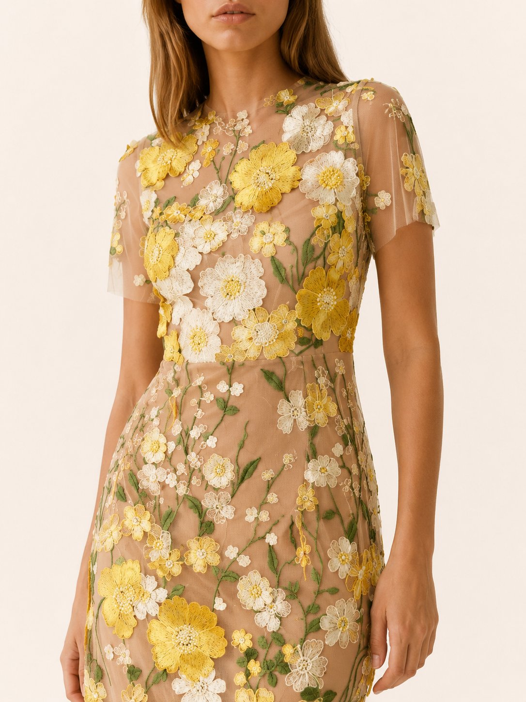 Women's Floral Appliqué Sheer Embroidered Fitted Maxi Dress