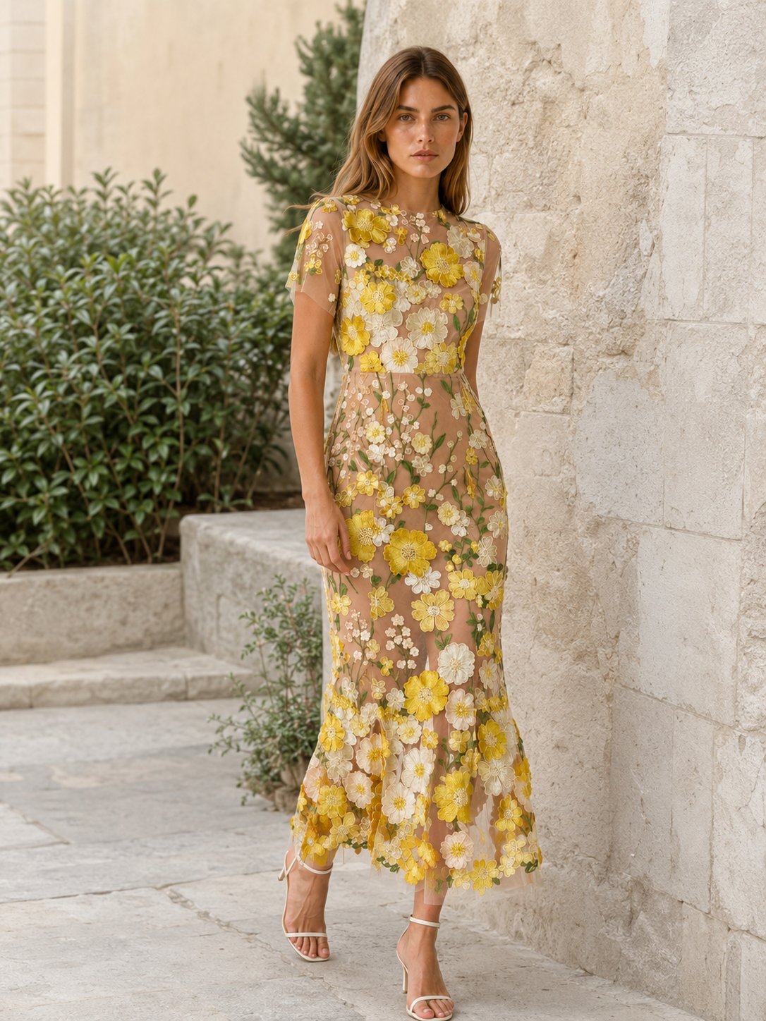 Women's Floral Appliqué Sheer Embroidered Fitted Maxi Dress