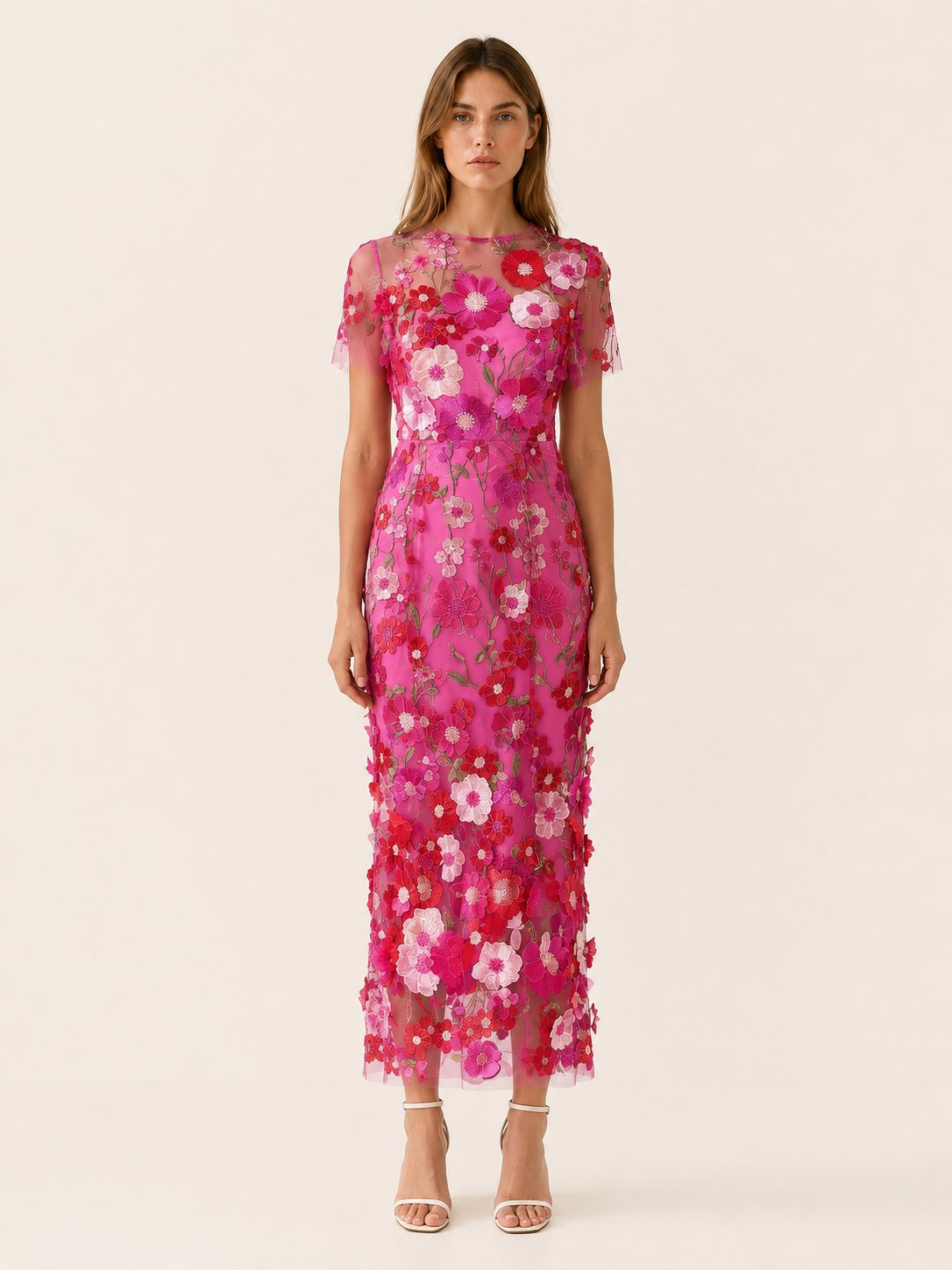 Women's Floral Appliqué Sheer Embroidered Fitted Maxi Dress - Dark Pink