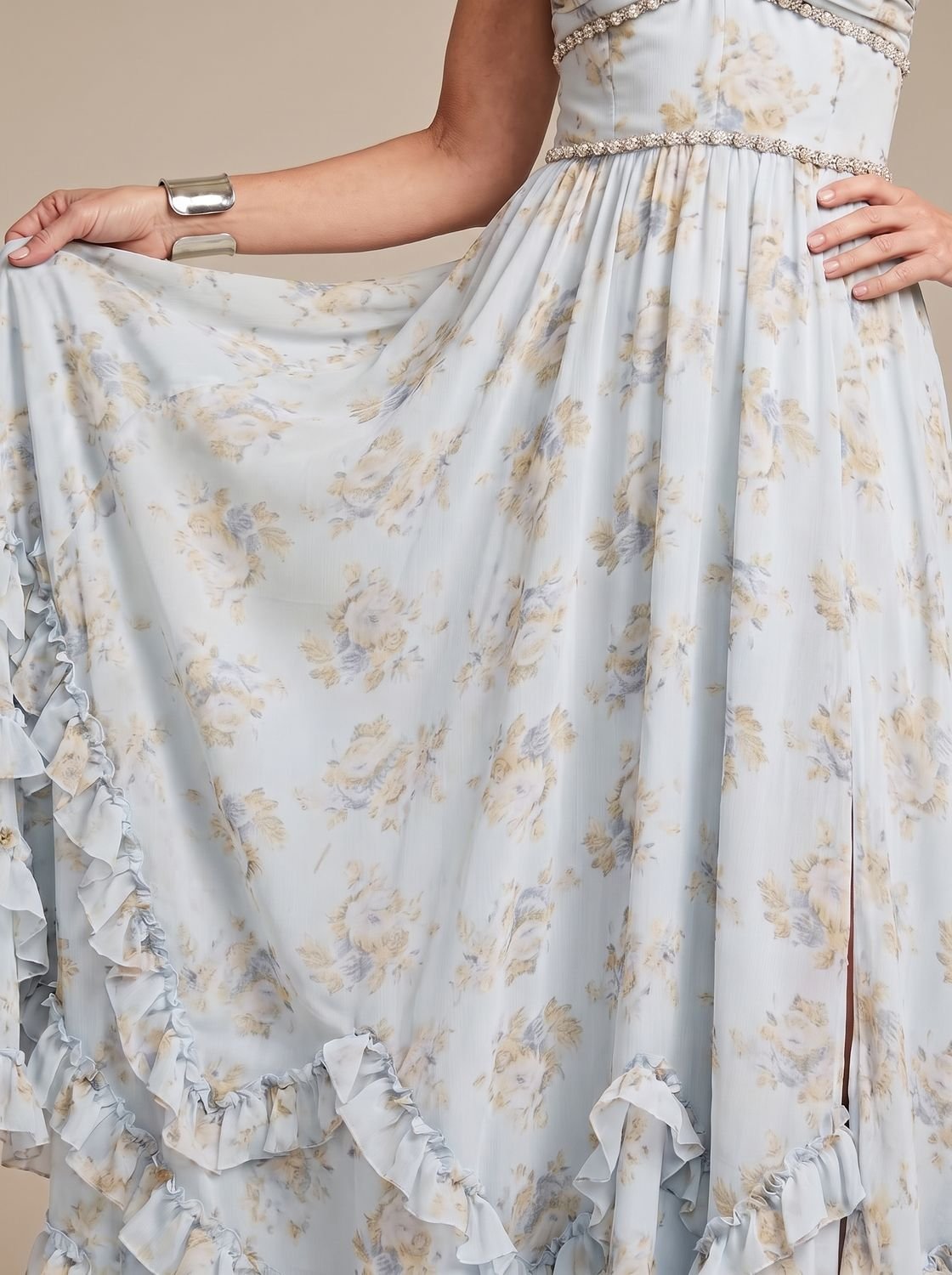 Women's Floral Beaded Halter-Neck Tiered Ruffle Maxi Dress