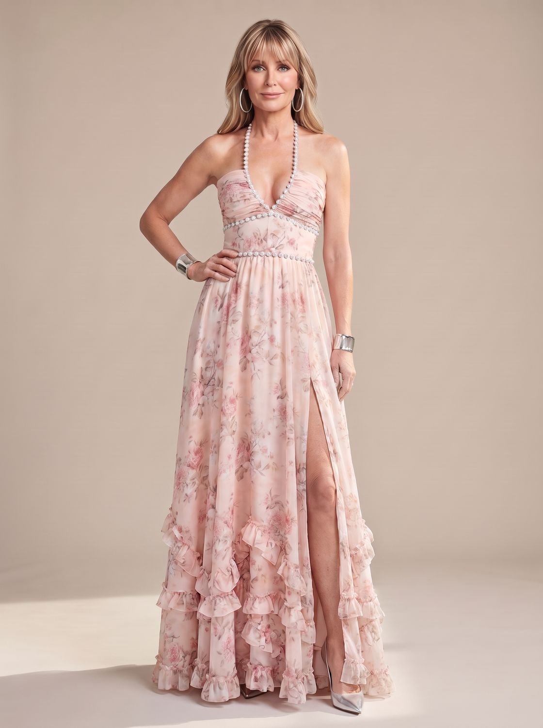 Women's Floral Beaded Halter-Neck Tiered Ruffle Maxi Dress - Floral