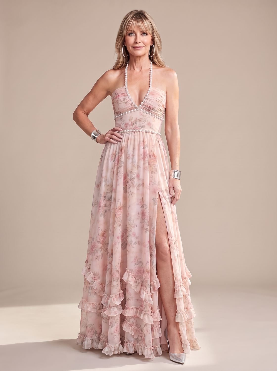 Women's Floral Beaded Halter-Neck Tiered Ruffle Maxi Dress