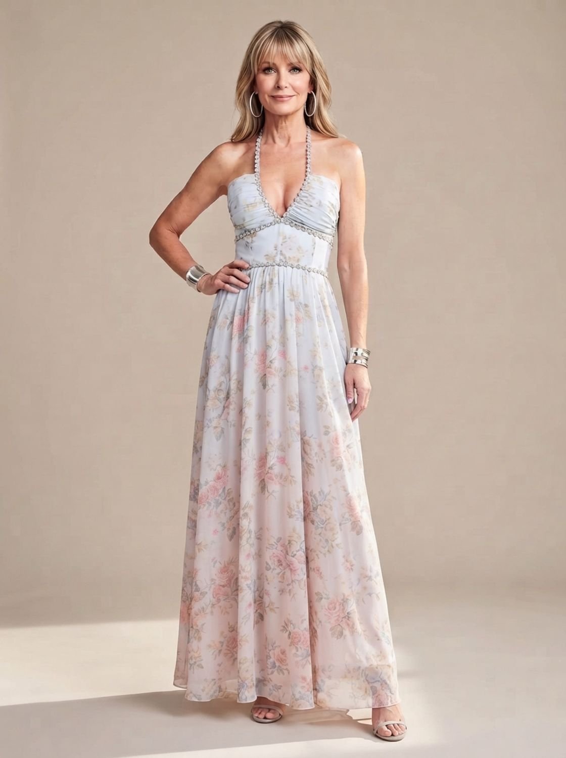 Women's Floral Beaded Halter-Neck Tiered Ruffle Maxi Dress