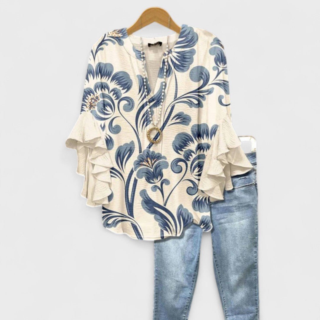 Women's Floral Blouse Ruffled Sleeves Lightweight - White