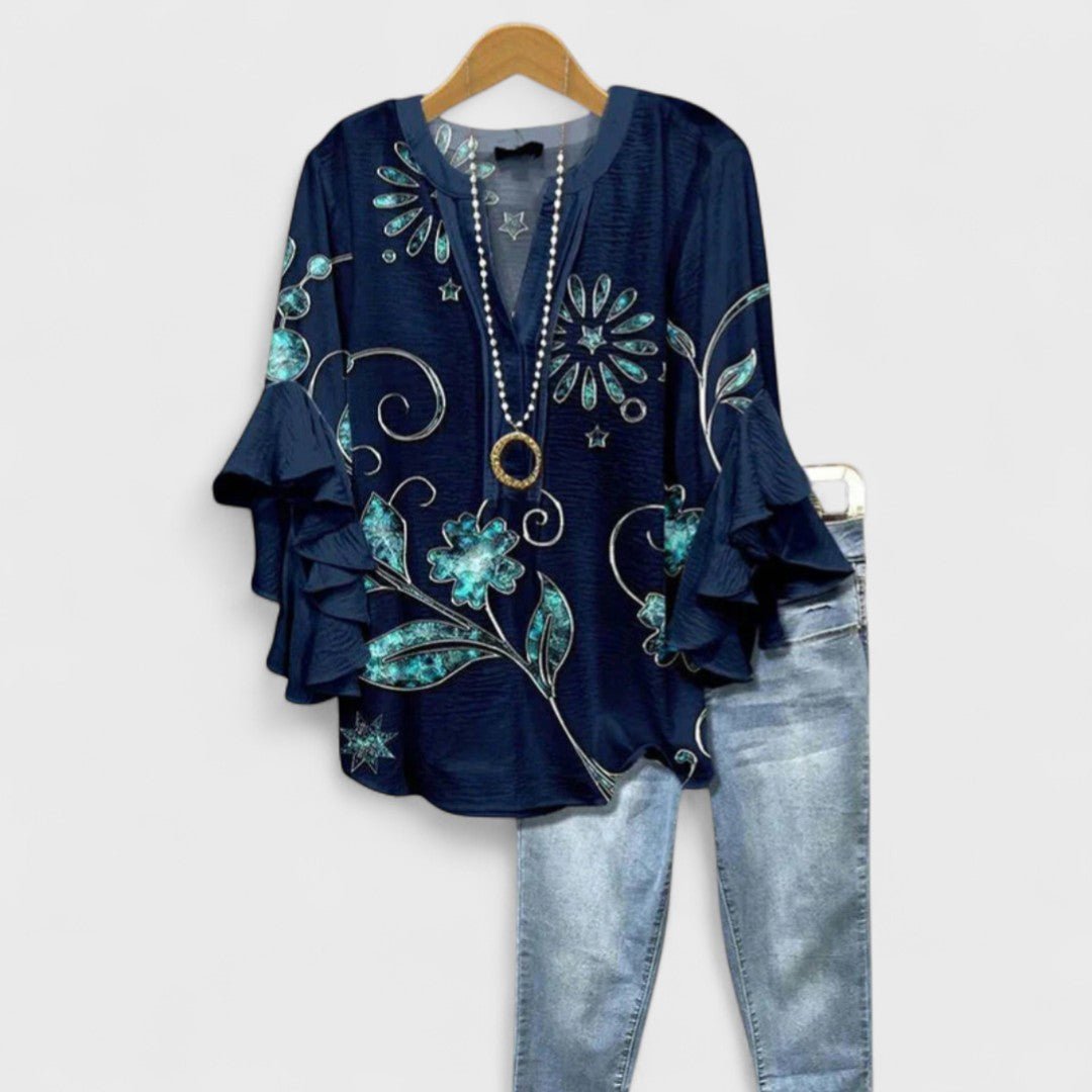 Women's Floral Blouse Ruffled Sleeves Lightweight - Dark Blue
