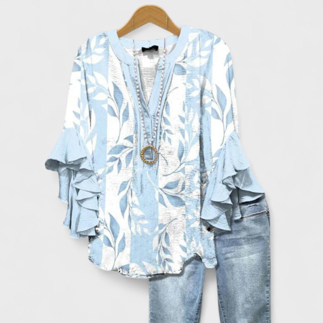 Women's Floral Blouse Ruffled Sleeves Lightweight - Light Blue
