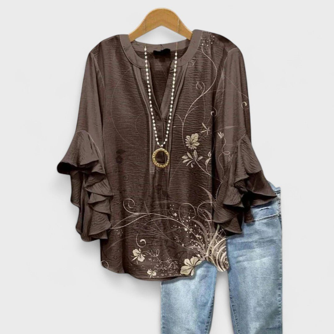 Women's Floral Blouse Ruffled Sleeves Lightweight - Brown