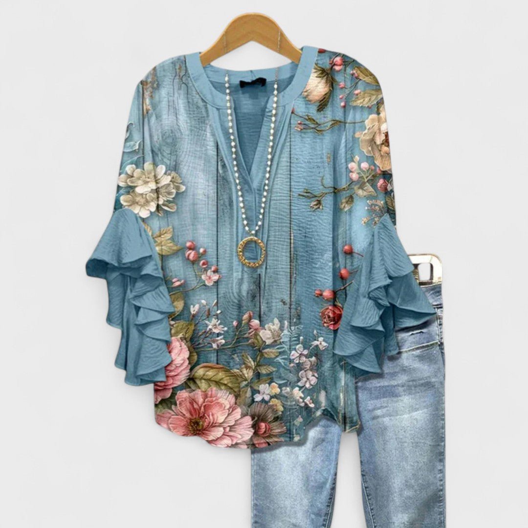Women's Floral Blouse Ruffled Sleeves Lightweight - Floral Blue