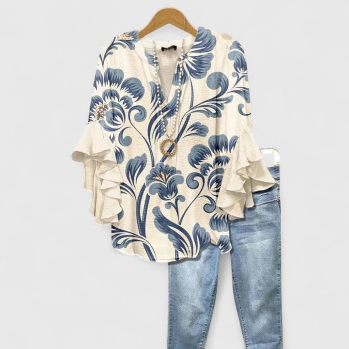 Women's Floral Blouse Ruffled Sleeves V-Neck Relaxed Fit - White Blue