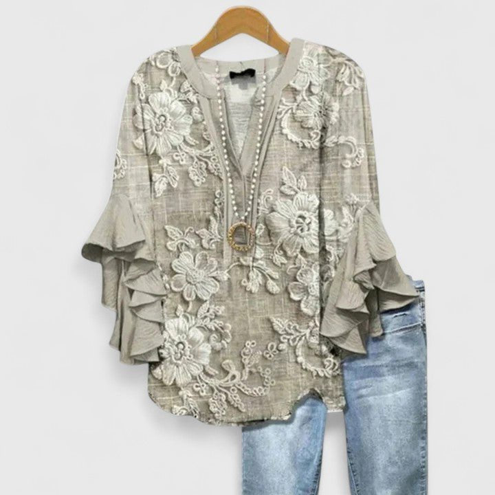 Women's Floral Blouse Ruffled Sleeves V-Neck Relaxed Fit - Light Brown