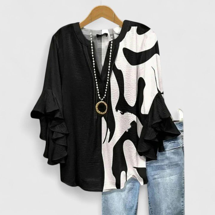 Women's Floral Blouse Ruffled Sleeves V-Neck Relaxed Fit - Black