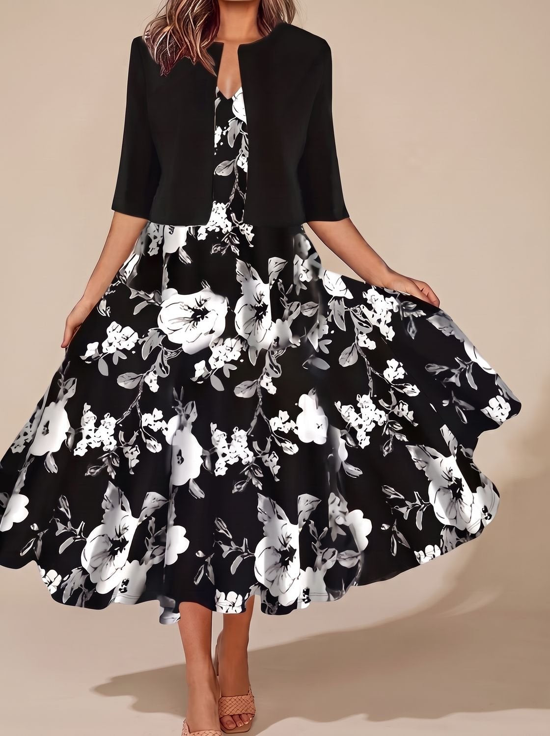 Women's Floral Border White Tailored Midi Dress Two-Piece Set