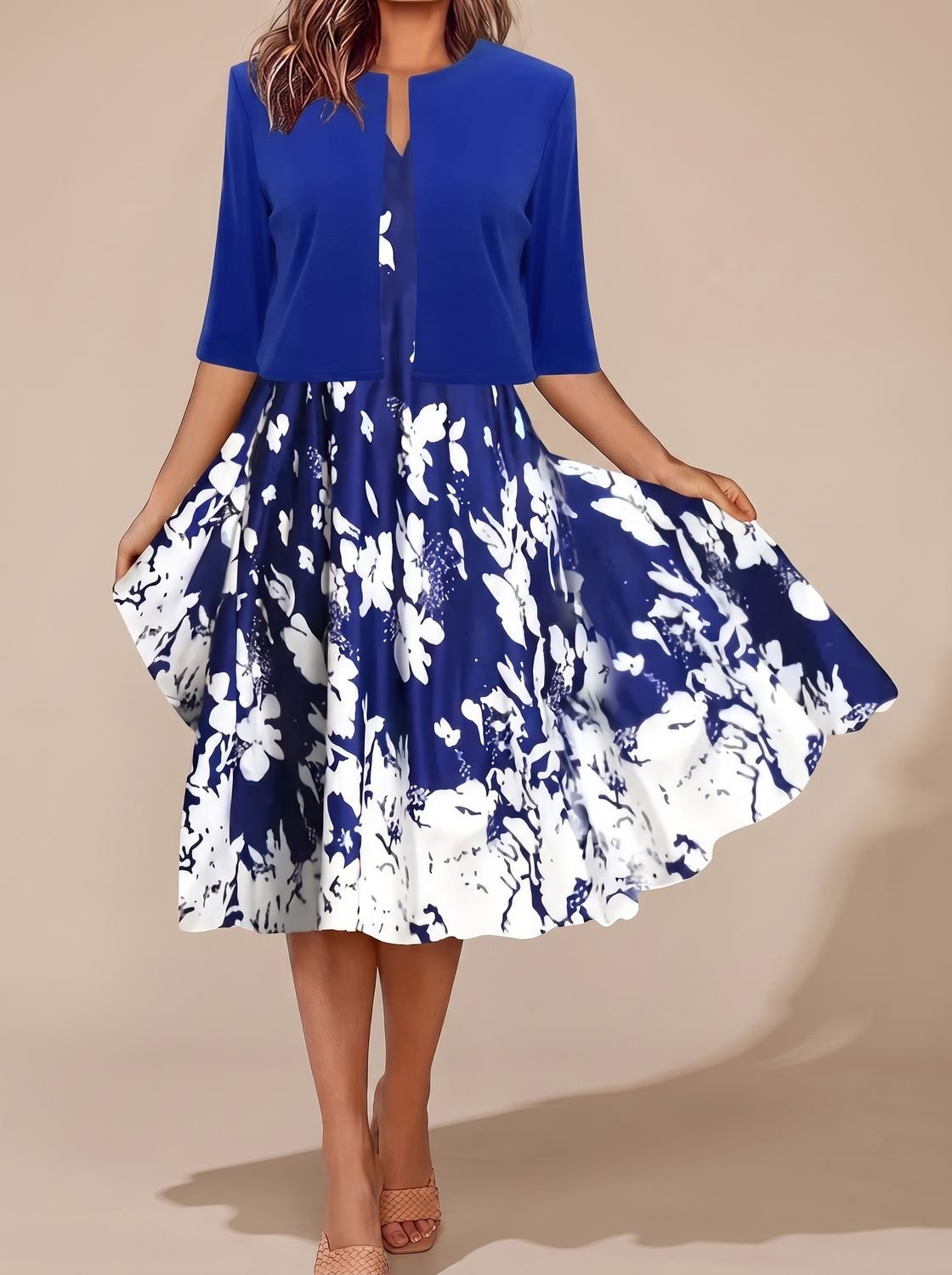 Women's Floral Border White Tailored Midi Dress Two-Piece Set