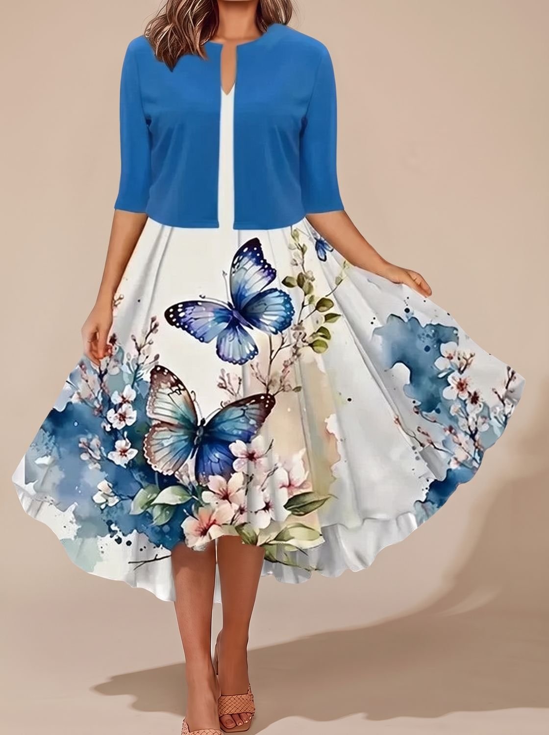 Women's Floral Border White Tailored Midi Dress Two-Piece Set
