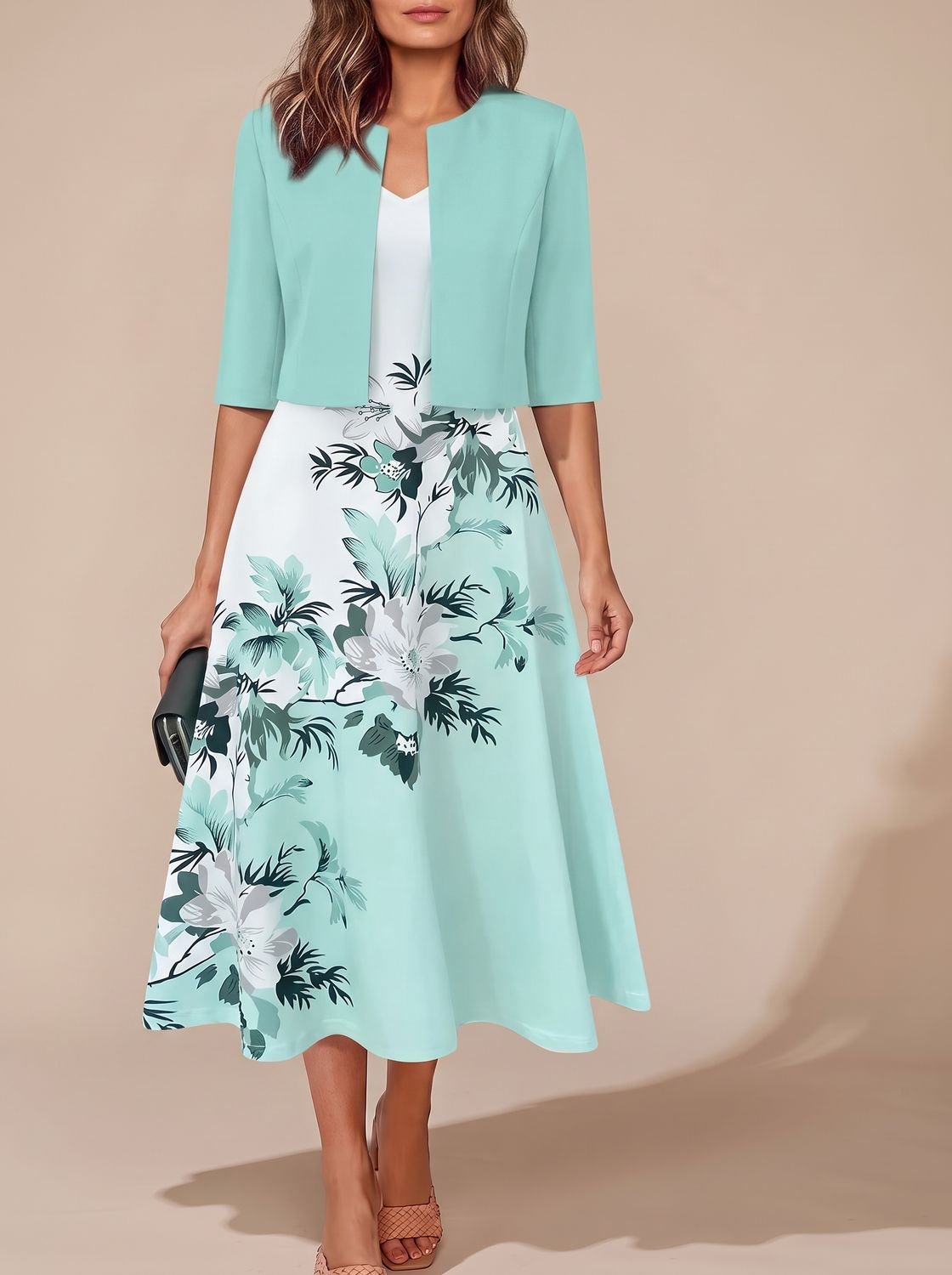 Women's Floral Border White Tailored Midi Dress Two-Piece Set - Green