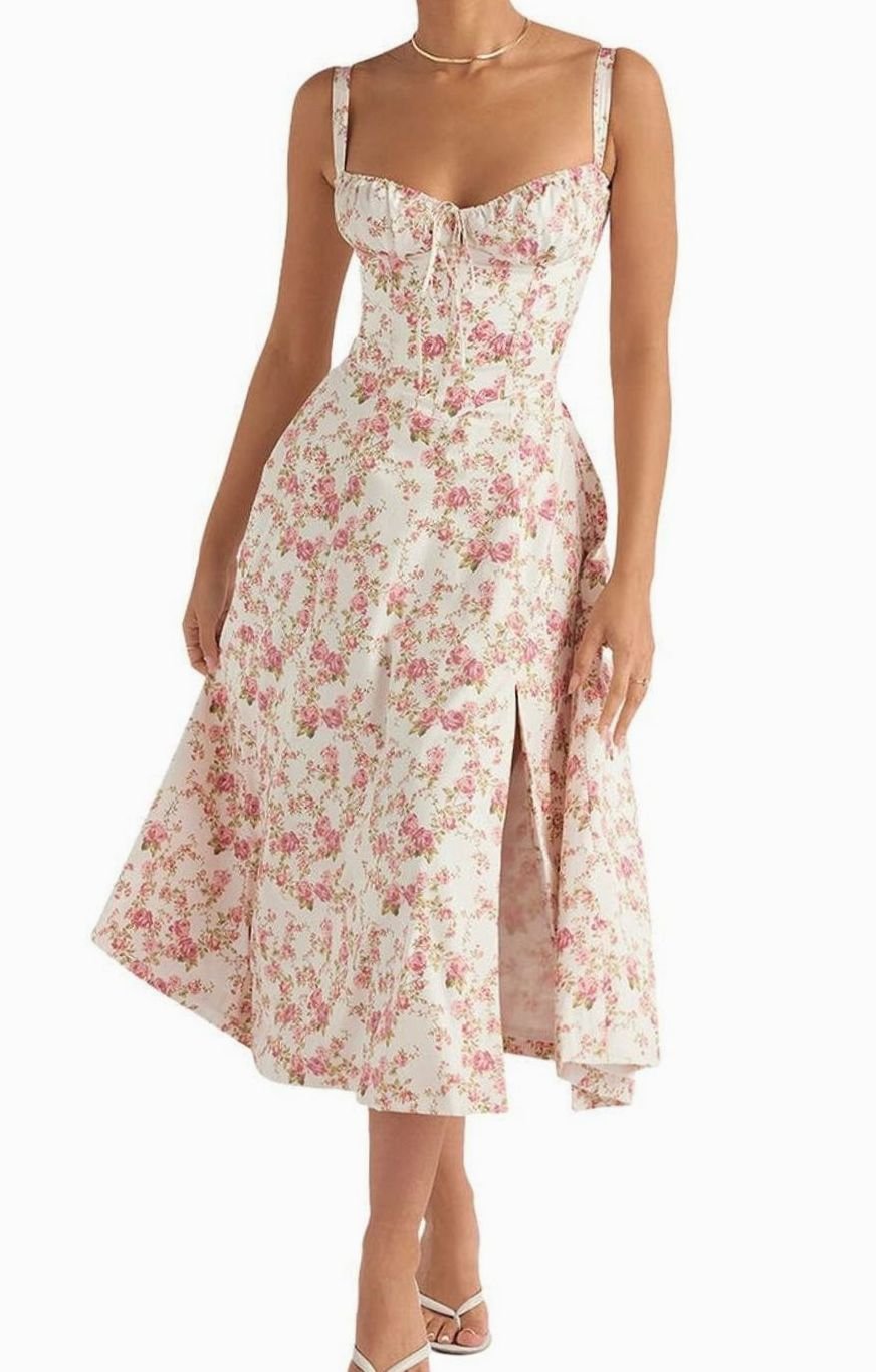 Women's Floral Bustier Midi Sundress Side Slit Skirt