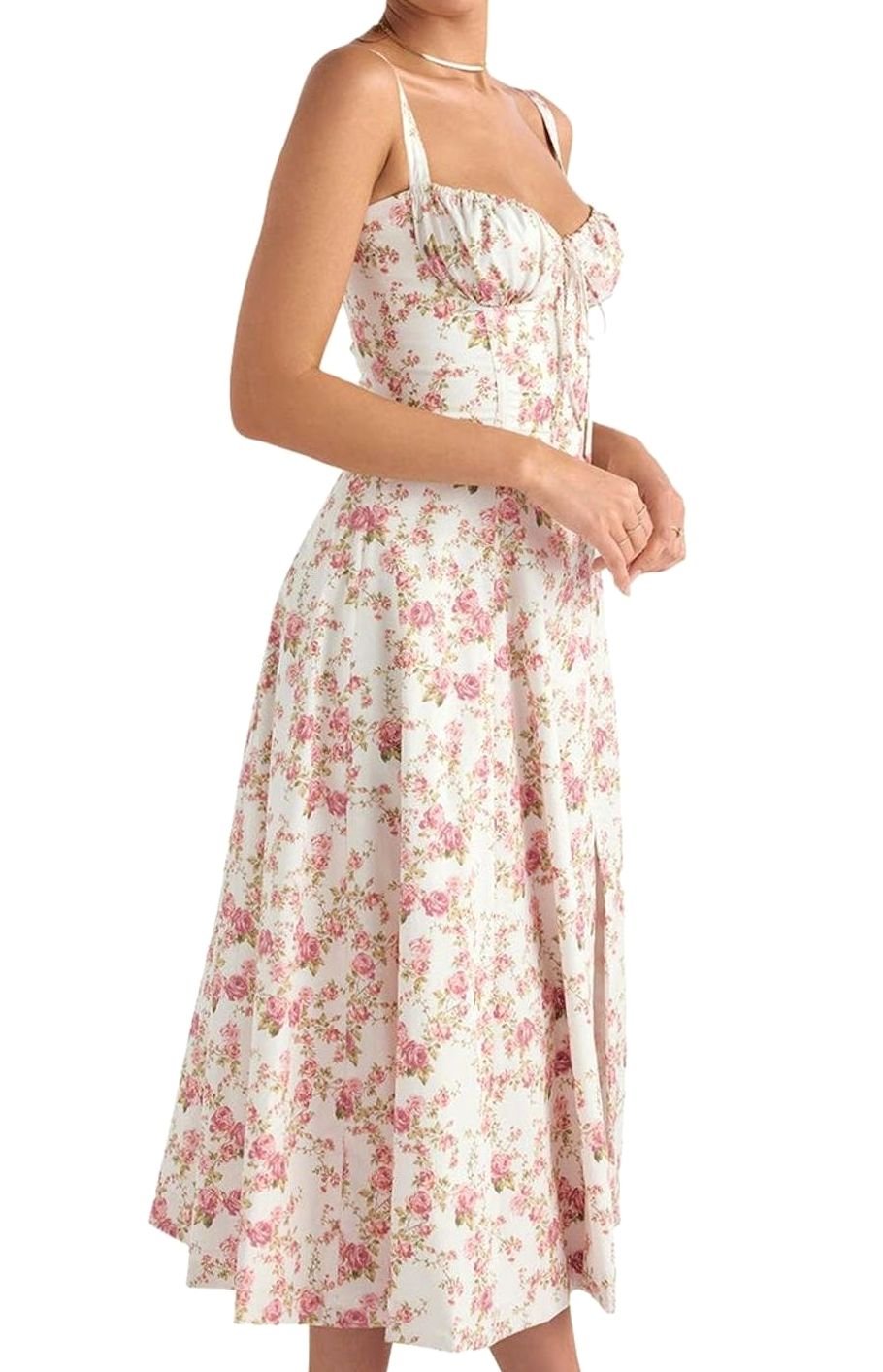 Women's Floral Bustier Midi Sundress Side Slit Skirt