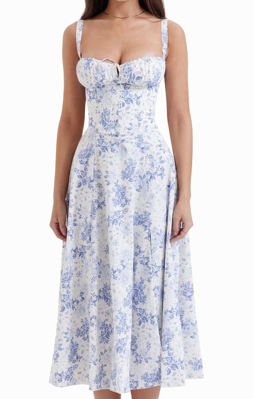 Women's Floral Bustier Midi Sundress Side Slit Skirt