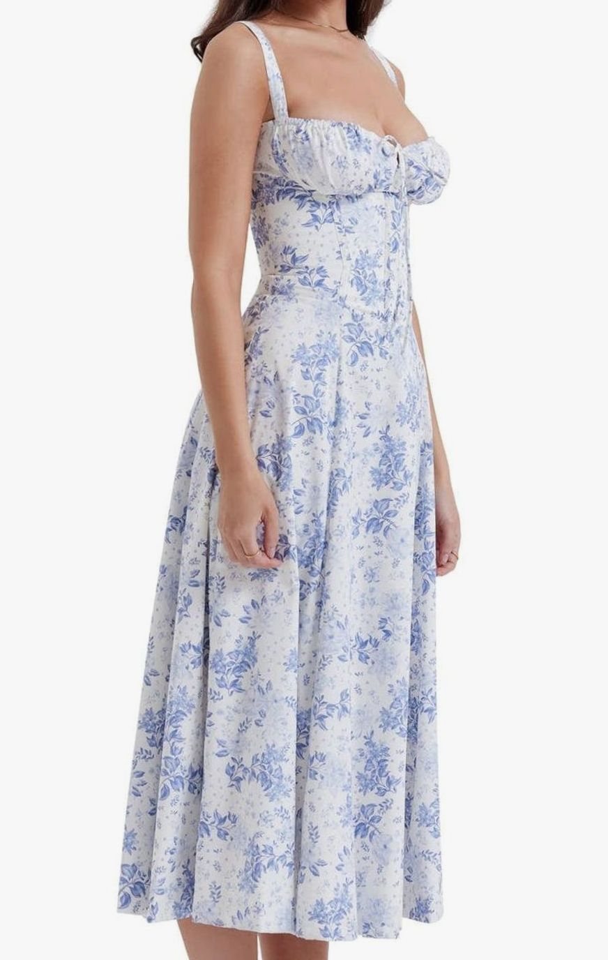 Women's Floral Bustier Midi Sundress Side Slit Skirt