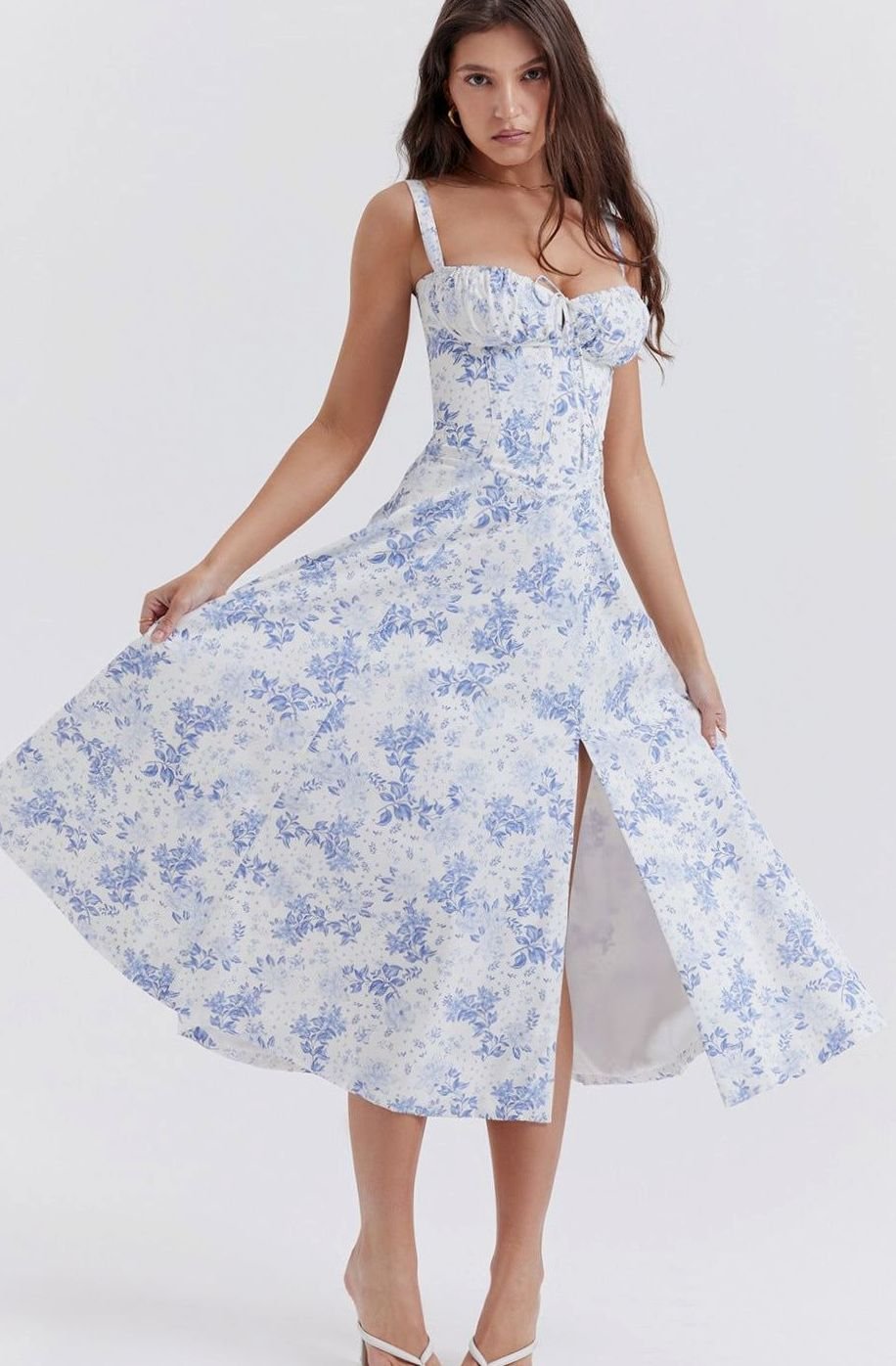 Women's Floral Bustier Midi Sundress Side Slit Skirt - Blue Floral Print