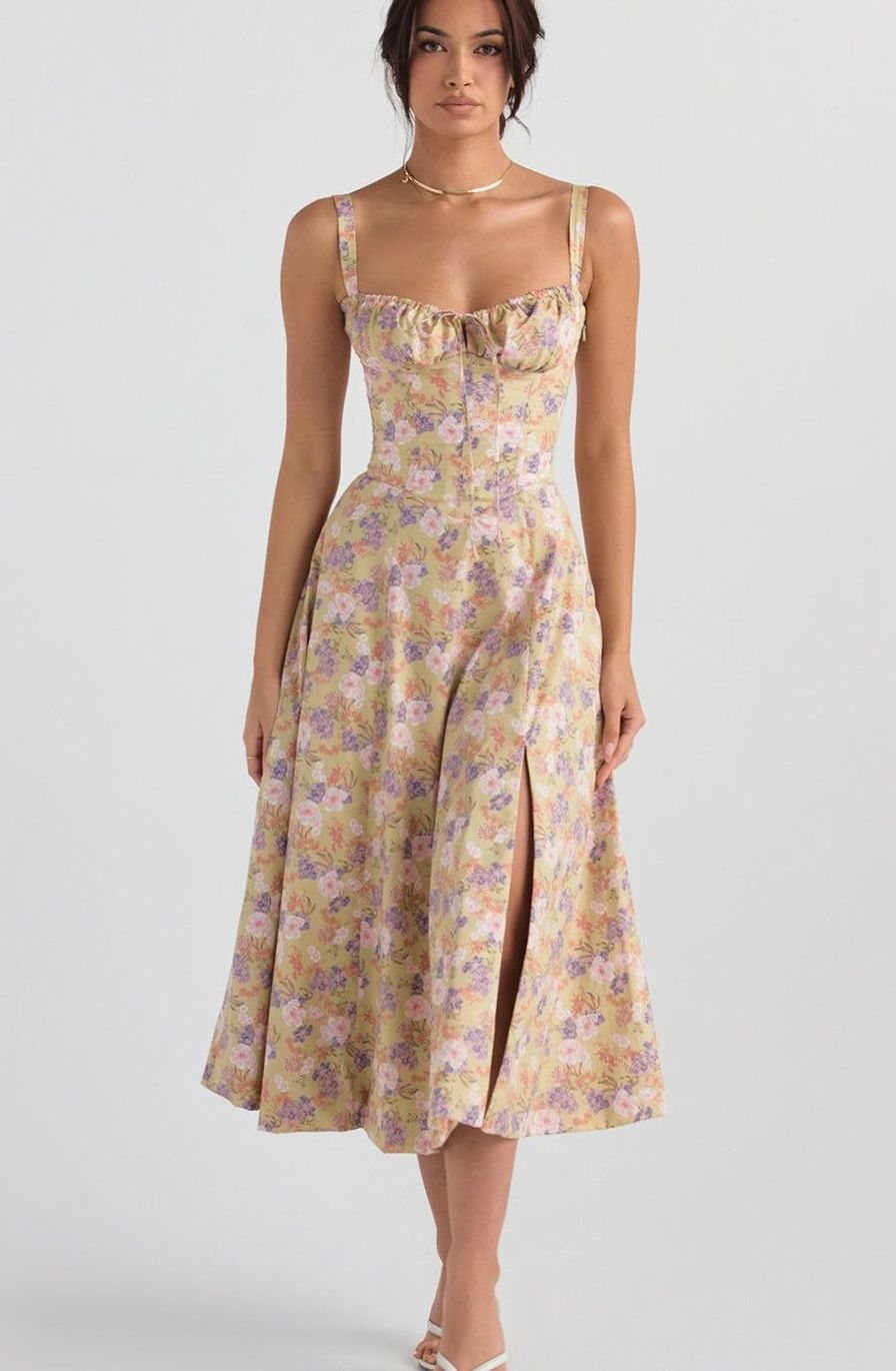 Women's Floral Bustier Midi Sundress Side Slit Skirt
