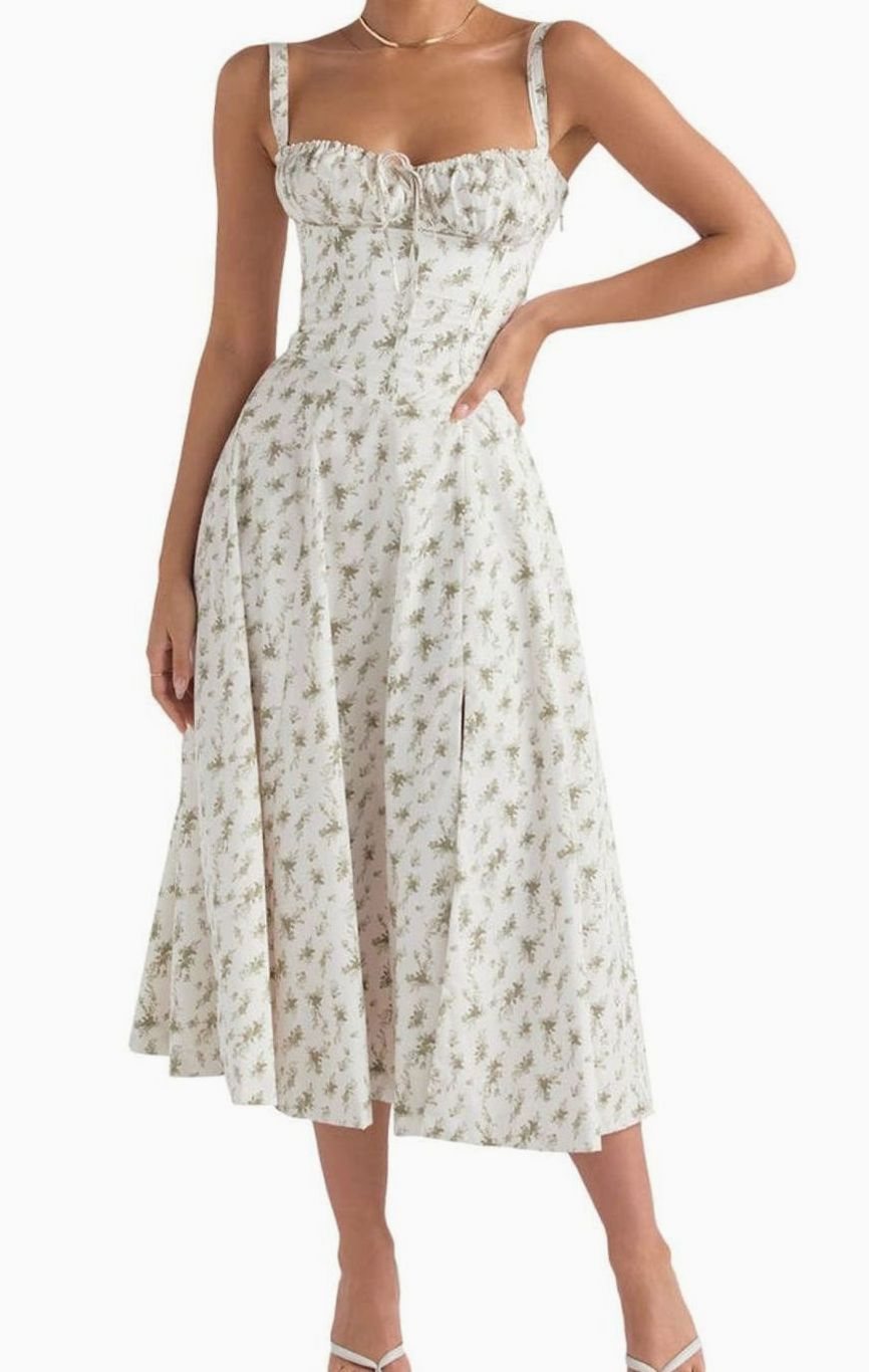 Women's Floral Bustier Midi Sundress Side Slit Skirt