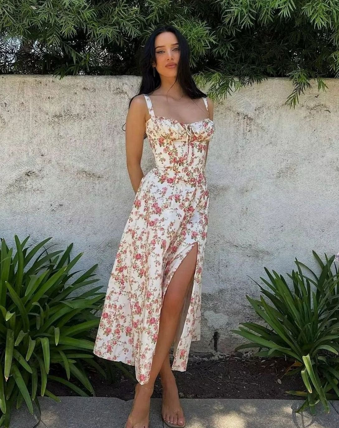 Women's Floral Bustier Midi Sundress Side Slit Skirt - White Floral Print