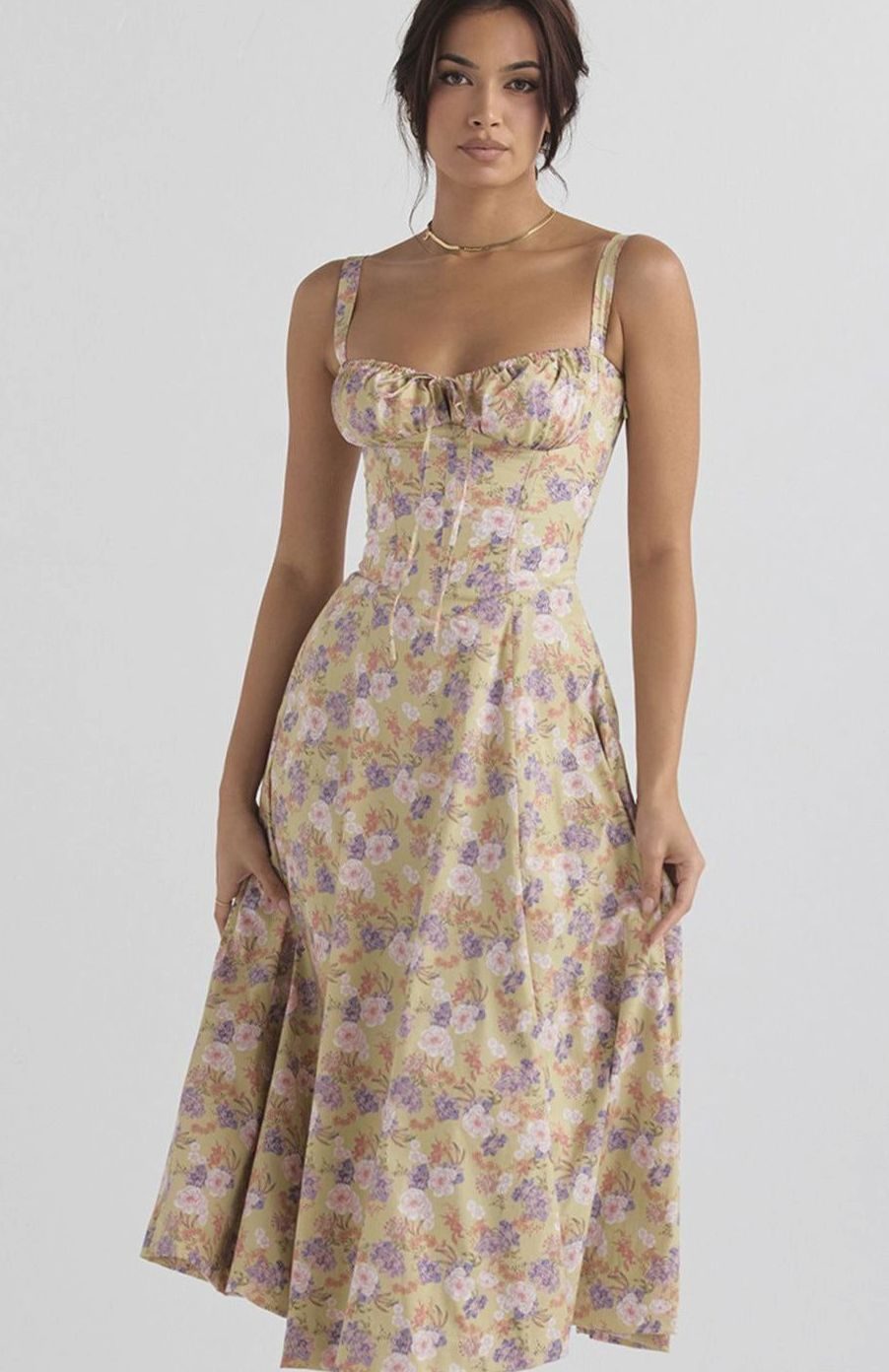 Women's Floral Bustier Midi Sundress Side Slit Skirt - Yellow Floral Print