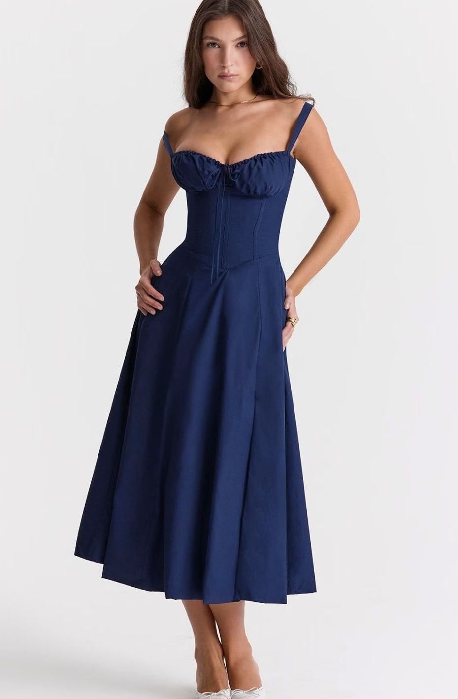 Women's Floral Bustier Midi Sundress Side Slit Skirt - Navy Blue