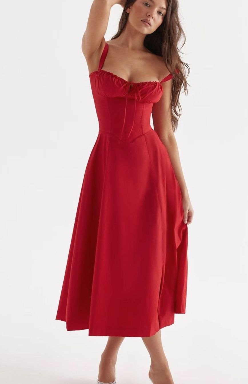 Women's Floral Bustier Midi Sundress Side Slit Skirt - Red